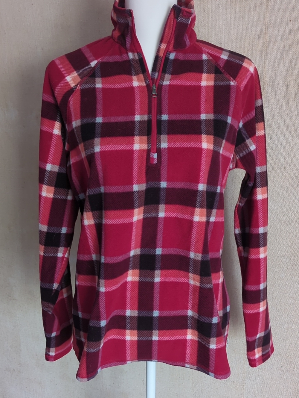 Eddie Bauer Coral Red, Black Plaid Fleece Pullover 1/4 Zip